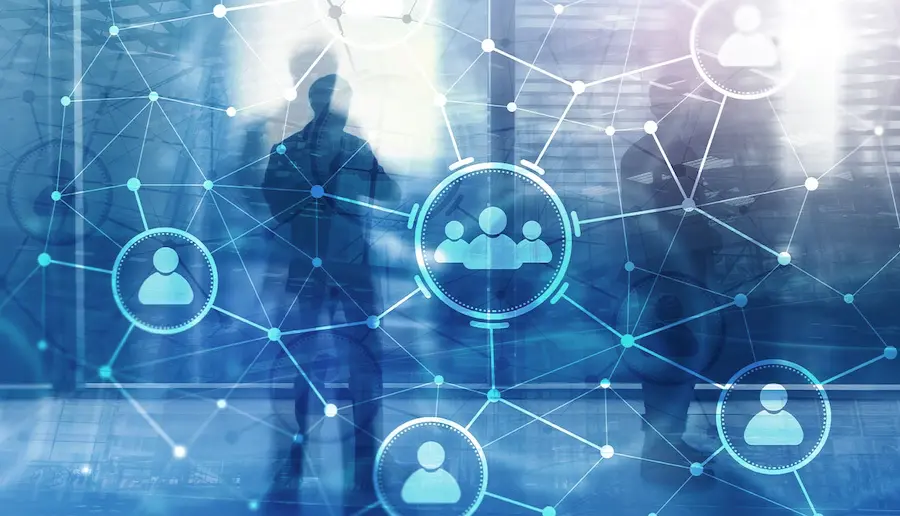 Techhub Svi Nord E V3m Eine Netzwerkstruktur verbindet Icons von Menschen und Gruppen von Menschen miteinander